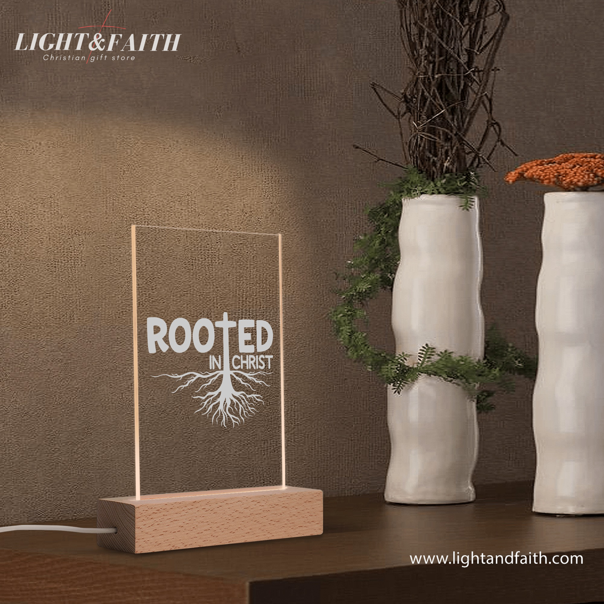 Rooted In Christ LED Light, Christian Bible Verse Lamp, Inspirational Acrylic Night Light, Religious Home Decor, Faith Gift for Believers. NLLAF19